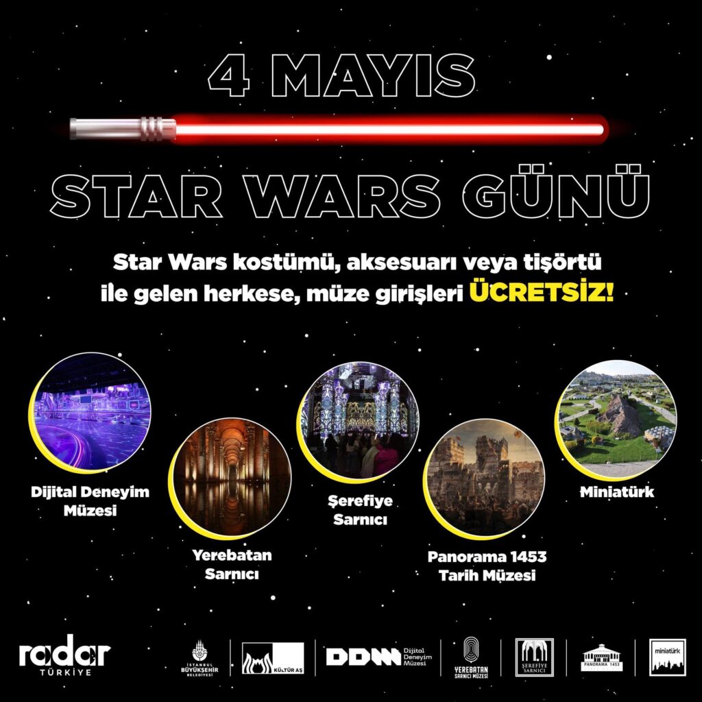 İBB'den Star Wars Gününe Özel Ücretsiz Etkinlikler 20 İBB Kültür AŞ, 4 Mayıs Star Wars Günü’ne özel olarak kostümlü ziyaretçilere bazı müzelerin ücretsiz olacağını duyurdu.