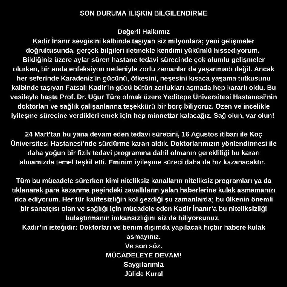 Kadir İnanır'ın Sağlık Durumuyla İlgili Yeni Açıklama Geldi 22 Julide Kural aciklama