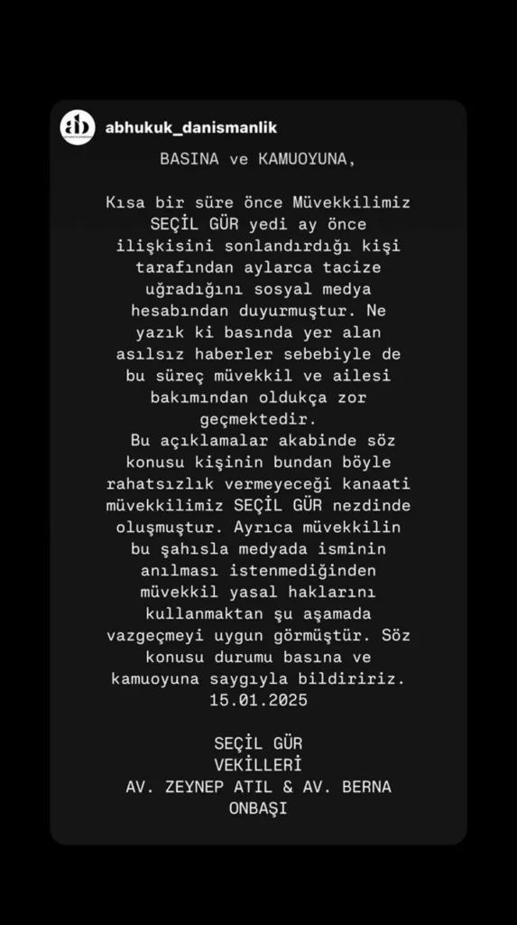 Seçil Gür’den Taciz Davasında Şaşırtan Karar Değişikliği: Şikayetçi Olmaktan Vazgeçti 20 vLJyz88x60Cfdatn5vIyhg